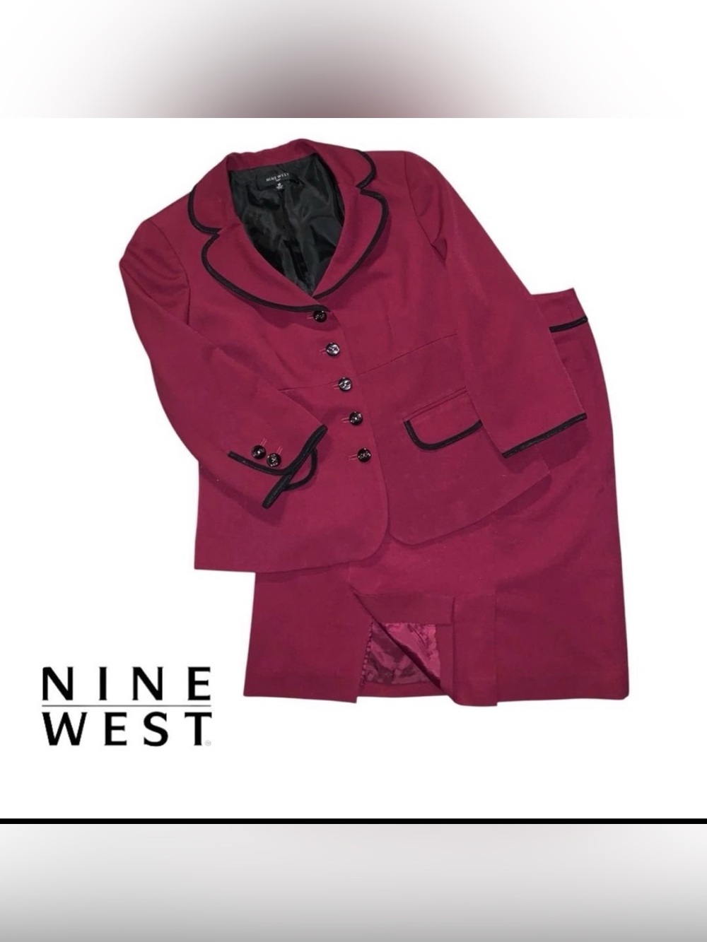 Nine West Black-Lined Burgundy Suit Jacket (Label Visible)